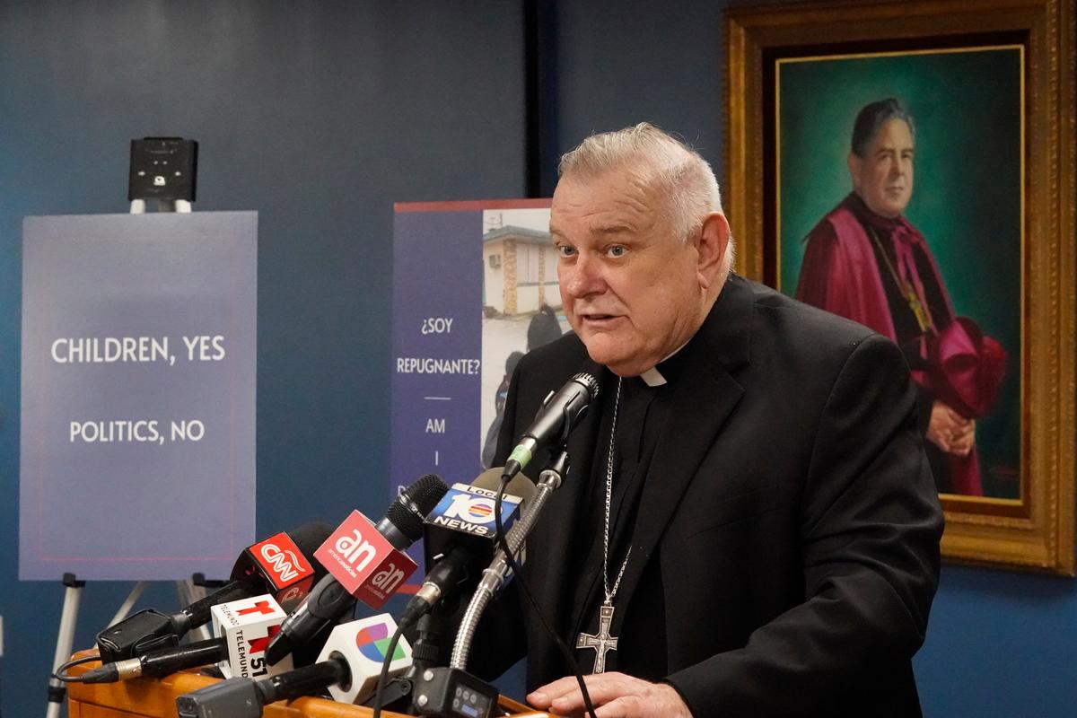 Archbishop of Miami Thomas Wenski, speaks at the Archdiocese of Miami Pastoral Center in Miami Shores on Feb. 10, 2022. Wenski was joined by business and community leaders, some of whom were unaccompanied minors brought to the U.S. from Cuba during Operation Pedro Pan in the 1960s, urging Florida Gov. Ron DeSantis and state legislative leaders to “stop advancing anti-immigrant policies that hurt children and Florida’s economy.”