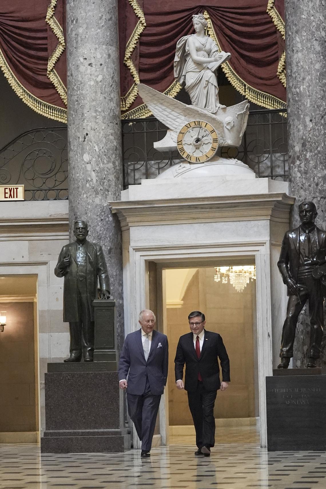 House Speaker Mike Johnson (R-La.), right, walks with King Charles III ahead of his address to a joint meeting of Congress in honor of the 250th anniversary of American independence at the Capitol in Washington, on Tuesday, April 28, 2026. (Salwan Georges/The New York Times)