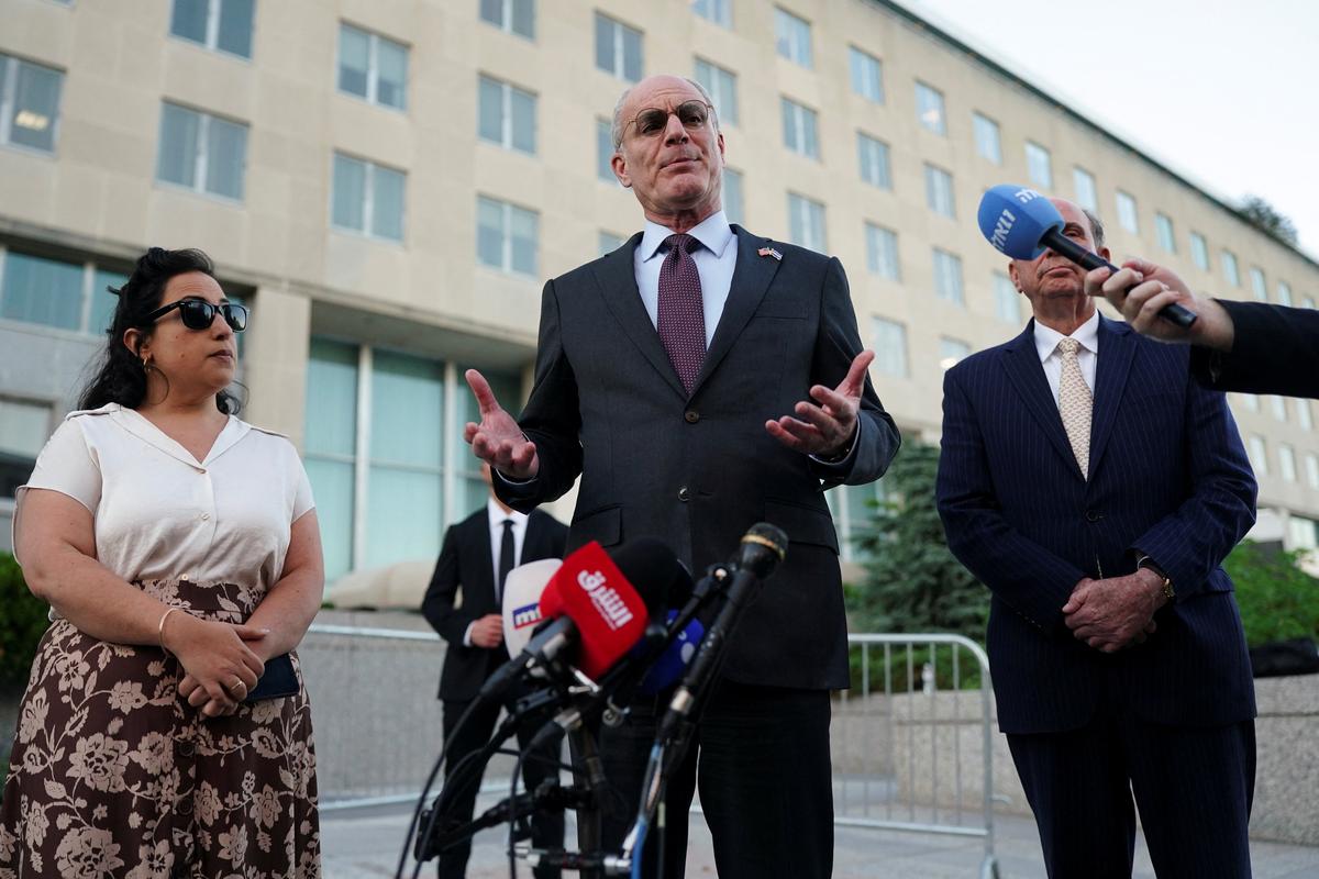 Israeli Ambassador to the U.S. Yechiel Leiter speaks with the media after the Trump administration said Israel and Lebanon agreed to implement a ceasefire to end hostilities, at the State Department in Washington, D.C., U.S., June 3, 2026. REUTERS/Nathan Howard