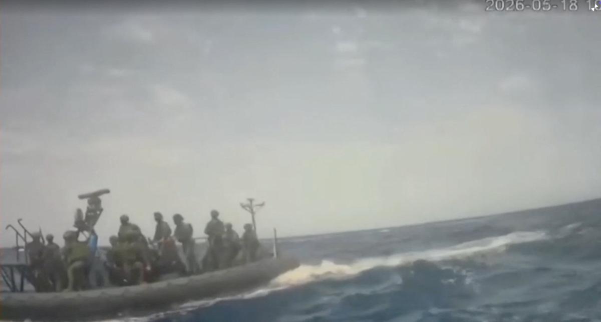 An Israeli naval boat intercepts the Global Sumud Flotilla en route to Gaza, in an attempt to deliver aid, at sea May 18, 2026, in this screengrab taken from a handout video. Global Sumud Flotilla/Handout via REUTERS