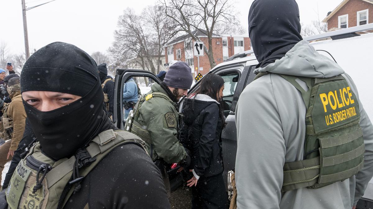 A teenage girl is arrested after colliding with a Border Patrol vehicle in Minneapolis on Jan. 21. A quarter of immigration arrests since August were labeled by U.S. Immigration and Customs Enforcement as “collateral,” a type of arrest and detention that’s been challenged in court as an end run around civil rights.