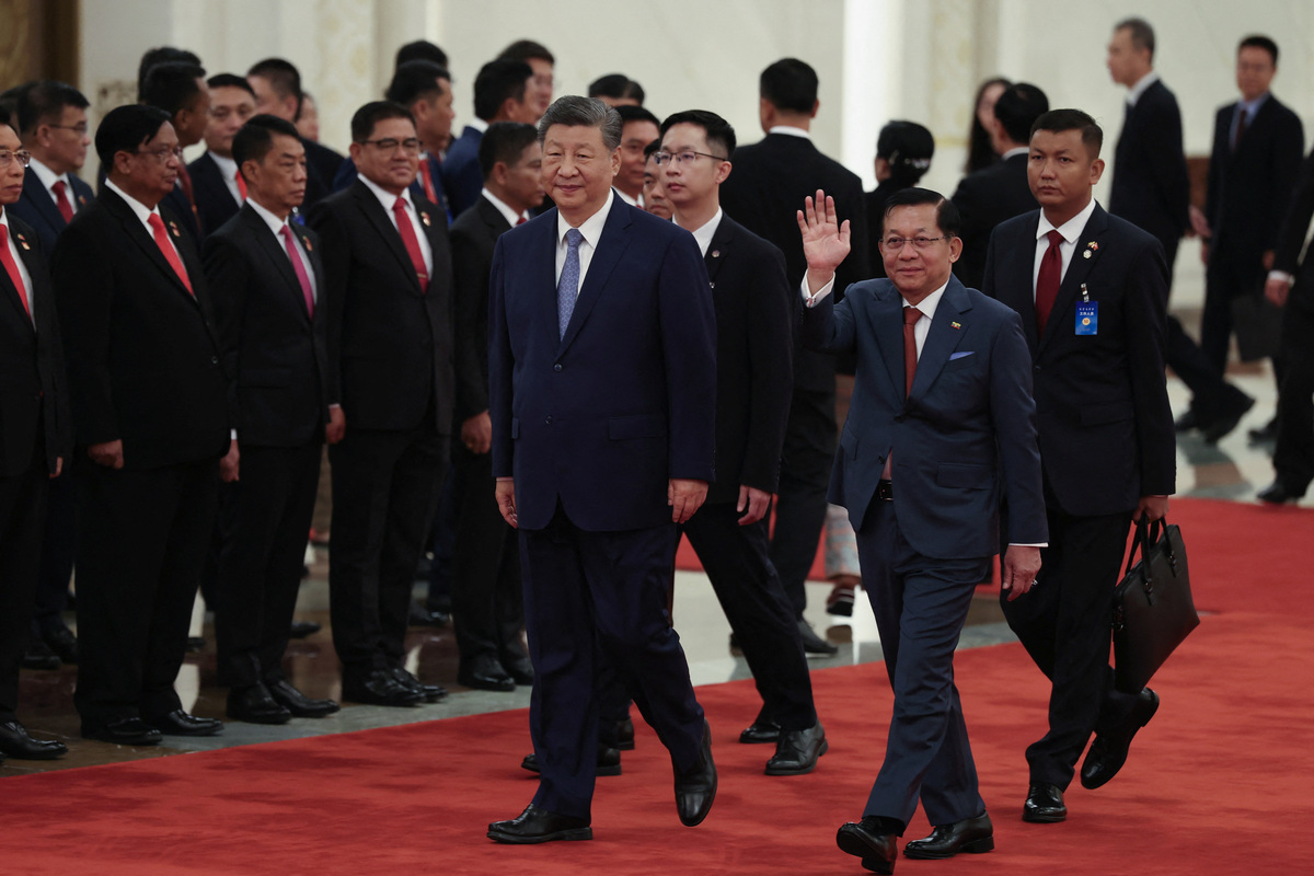 BEIJING, CHINA - JUNE 16: Chinese President Xi Jinping and Myanmar's President Min Aung Hlaing attend a welcoming ceremony at the Great Hall of the People on June 16, 2026 in Beijing, China.