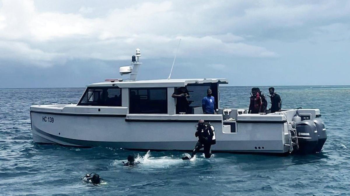 An elite interational dive rescue team begins a complex operation on Wednesday to recover the remains of the last two of four Italian divers from underwater caves more than 200 feet down off the Maldives' Vaavu Atoll. Photo courtesy Maldives President's Media Division/EPA