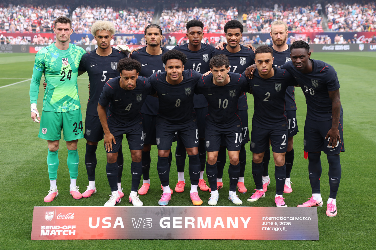  Players from Team USA pose prior to a match between the United States and Germany at Chicago’s Soldier Field on June 6, 2026. 