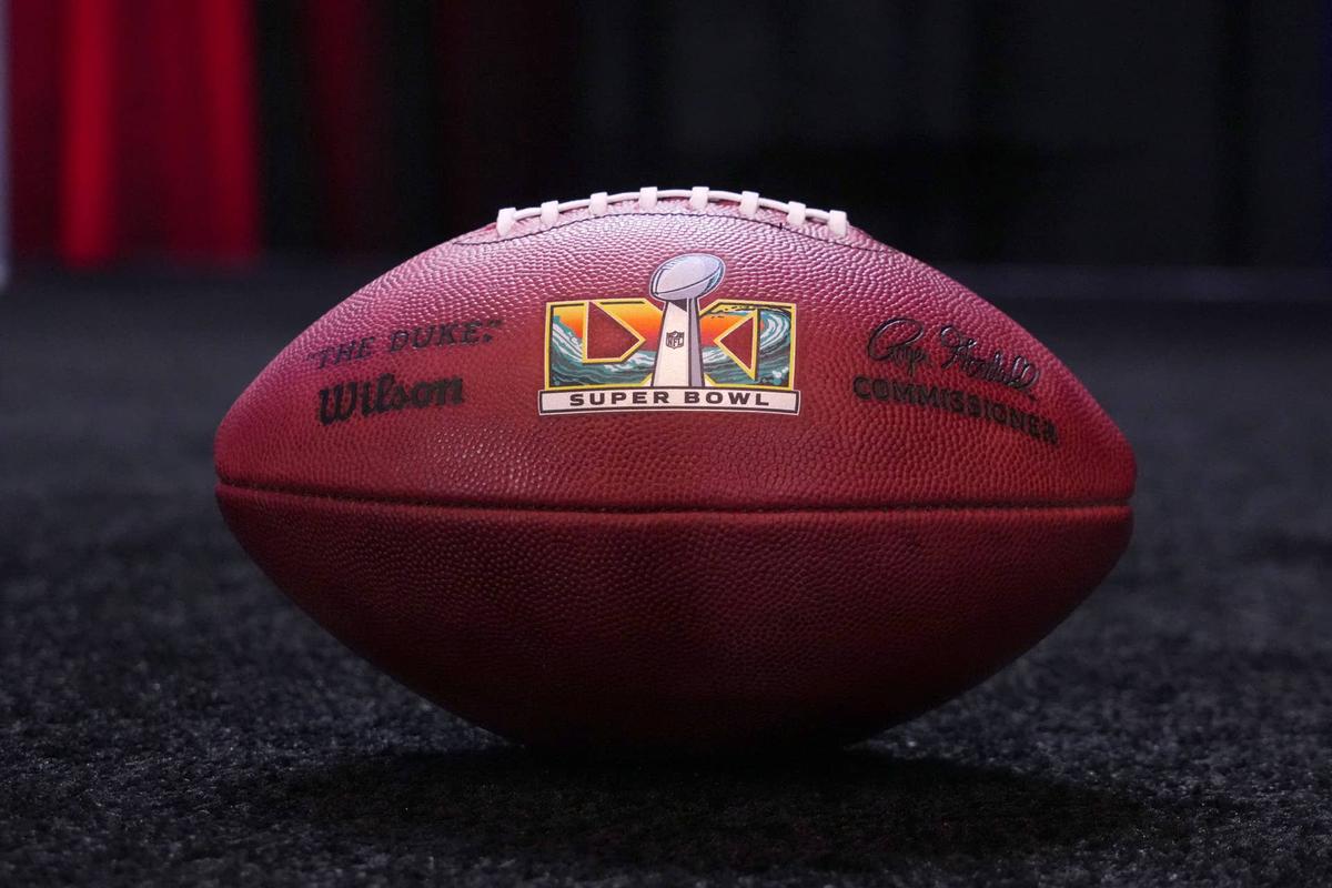  Feb 9, 2026; San Francisco, CA, USA; A NFL Wilson Duke official football with Super Bowl 61 (LXI) logo at the Super Bowl LX host committee handoff press conference at Moscone Center. Mandatory Credit: Kirby Lee-Imagn Images 