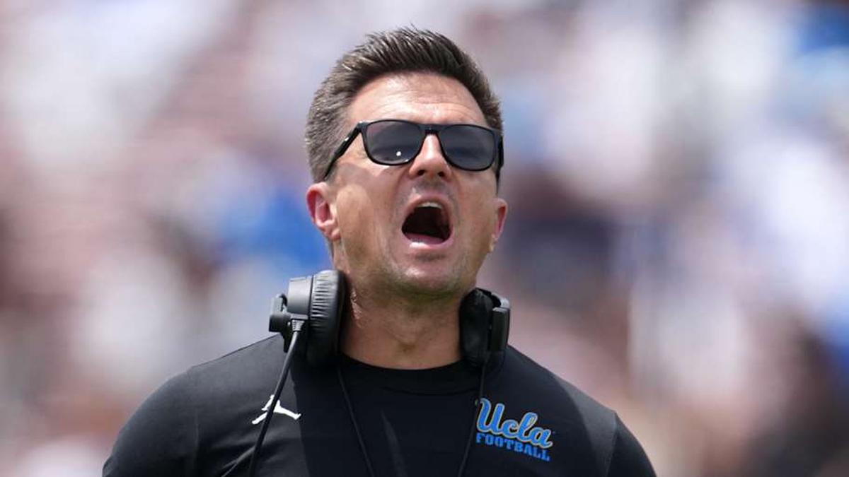  May 2, 2026; Pasadena, CA, USA; UCLA Bruins coach Bob Chesney reacts during the spring game at Rose Bowl. Mandatory Credit: Kirby Lee-Imagn Images | Kirby Lee-Imagn Images 