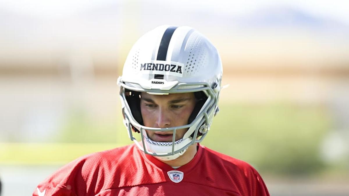  May 2, 2026; Henderson, NV, USA; Las Vegas Raiders quarterback Fernando Mendoza (15) runs through a drill during a Rookie Minicamp at Intermountain Health Performance Center. Mandatory Credit: Candice Ward-Imagn Images | Candice Ward-Imagn Images 