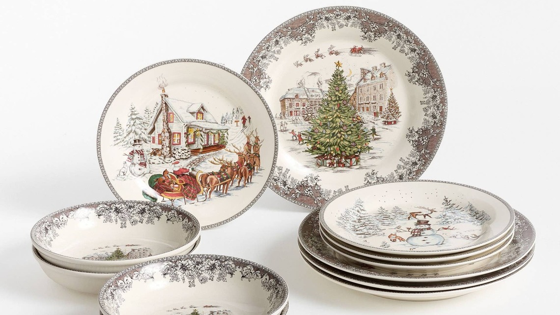 Pottery Barn's Vintage-Style 12-Piece Stoneware Dinnerware Set Turns Your Table Into a Charming Christmas Dreamscape 