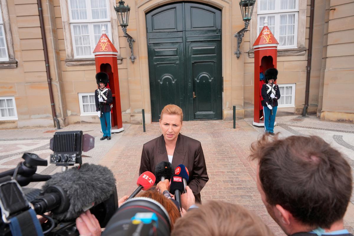 Denmark's acting Prime Minister Mette Frederiksen meets members of the media after her visit to the King at Amalienborg Palace in Copenhagen, Denmark, May 23, 2026.  Ritzau Scanpix/Emil Helms/via REUTERS
