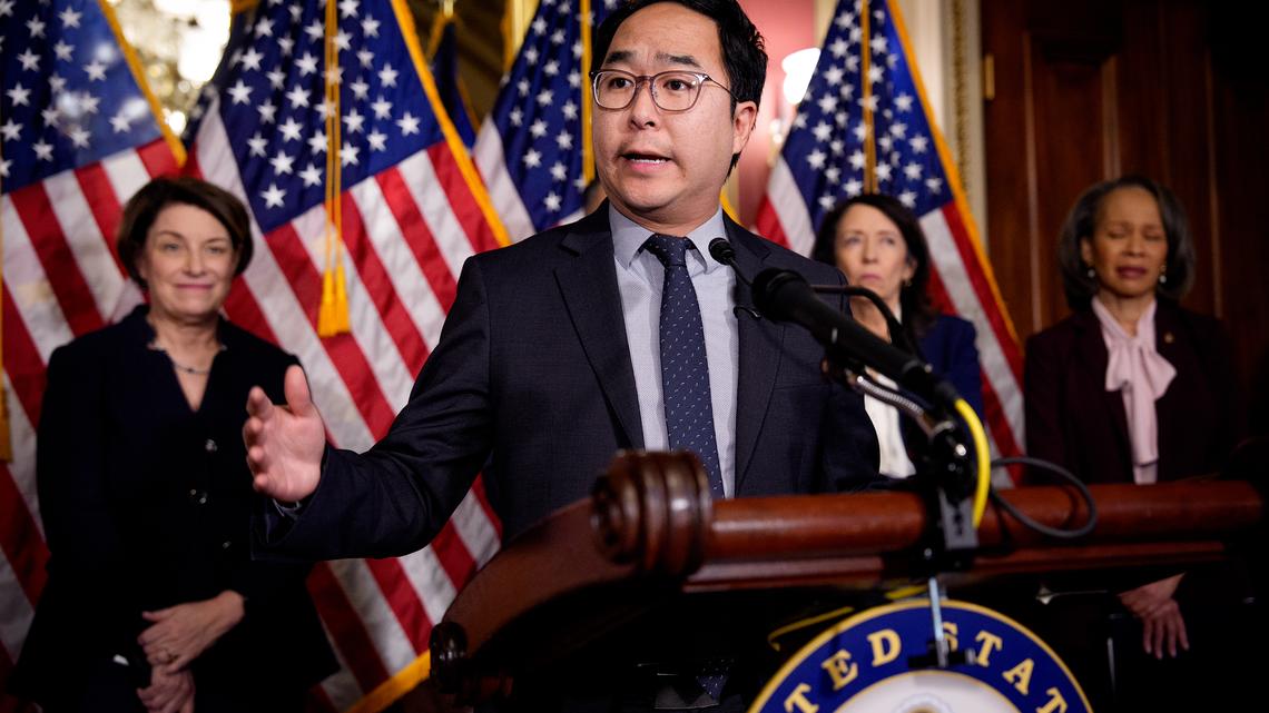Sen. Andy Kim (D-NJ) speaks during a news conference titled "Exposing Trump's Costs, Chaos, and Corruption During His First Year Back in Office" at the U.S. Capitol Building on Feb. 24, 2026, in Washington, D.C.  (Andrew Harnik/Getty Images/TNS)