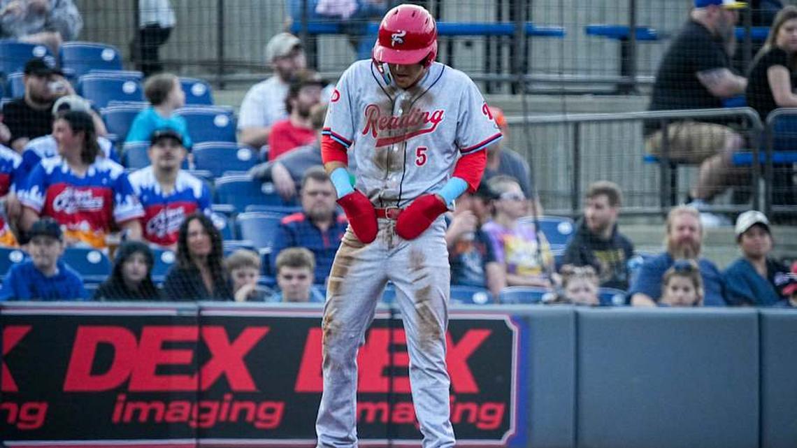  Reading infielder Aroon Escobar (10) dusts himself off after stealing third base during the home opening day game against Akron, April 2, 2026, in Akron, Ohio. | Andrew Dolph / USA TODAY NETWORK via Imagn Images 
