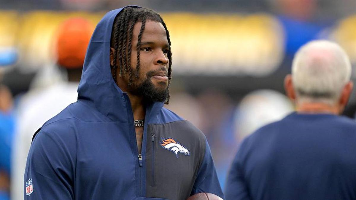  Sep 21, 2025; Inglewood, California, USA; Denver Broncos linebacker Dre Greenlaw (57) on the sidelines prior to the game against the Los Angeles Chargers at SoFi Stadium. Mandatory Credit: Jayne Kamin-Oncea-Imagn Images | Jayne Kamin-Oncea-Imagn Images 
