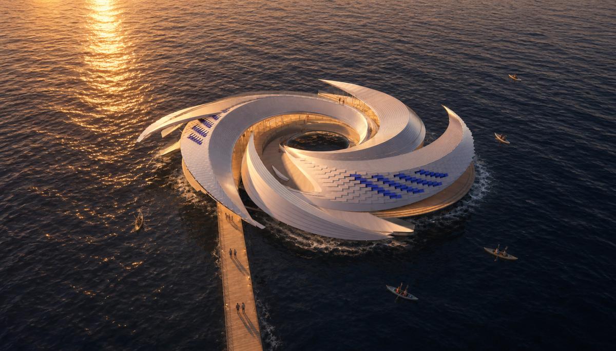  A rendering of an aerial view of Ocean Vortex, a proposed floating parliament building. 