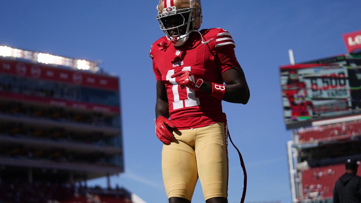 San Francisco 49ers wide receiver Brandon Aiyuk (11) walks on the field before the start of the game against the Kansas City Chiefs at Levi's Stadium in Santa Clara, California on Oct. 20, 2024.