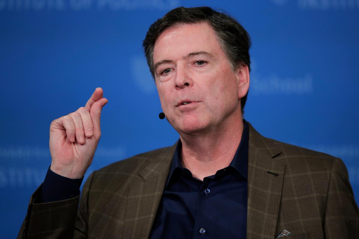  ormer Director of the Federal Bureau of Investigation James Comey speaks at Harvard University’s Institute of Politics’ JFK Jr. Forum in Cambridge, Mass., Feb. 24, 2020. (AP Photo/Charles Krupa, File) 