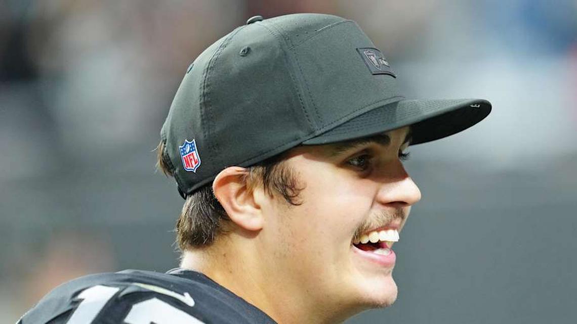  Jan 4, 2026; Paradise, Nevada, USA; Las Vegas Raiders quarterback Aidan O'Connell (12) walks off the field after the Raiders defeated the Kansas City Chiefs 14-12 at Allegiant Stadium. Mandatory Credit: Stephen R. Sylvanie-Imagn Images | Stephen R. Sylvanie-Imagn Images 