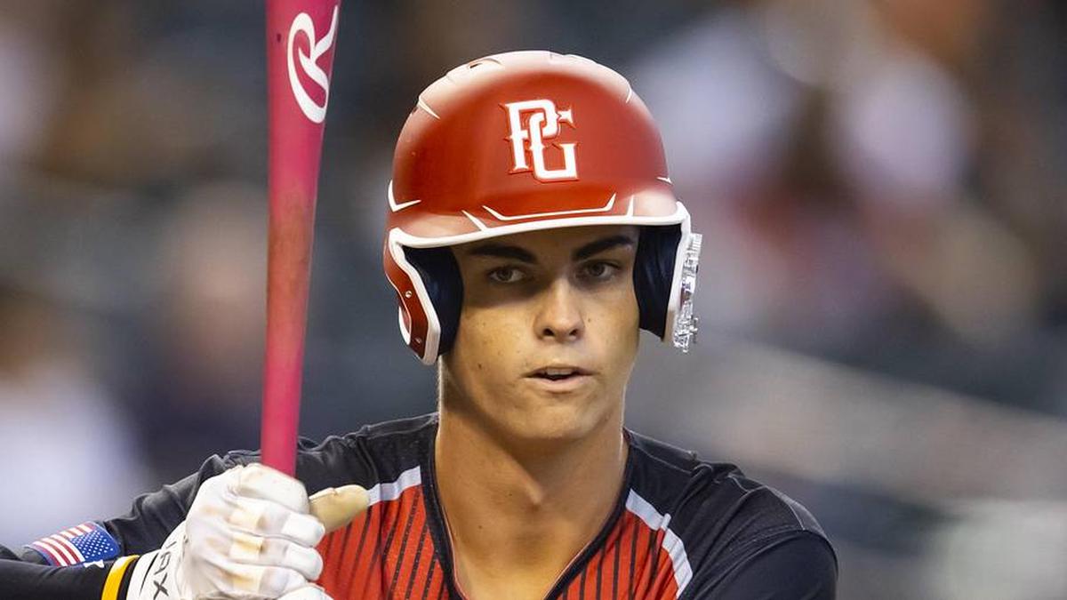  Aug 28, 2022; Phoenix, Arizona, US; West outfielder Will Gasparino (23) during the Perfect Game All-American Classic high school baseball game at Chase Field. Mandatory Credit: Mark J. Rebilas-Imagn Images | Mark J. Rebilas-Imagn Images 