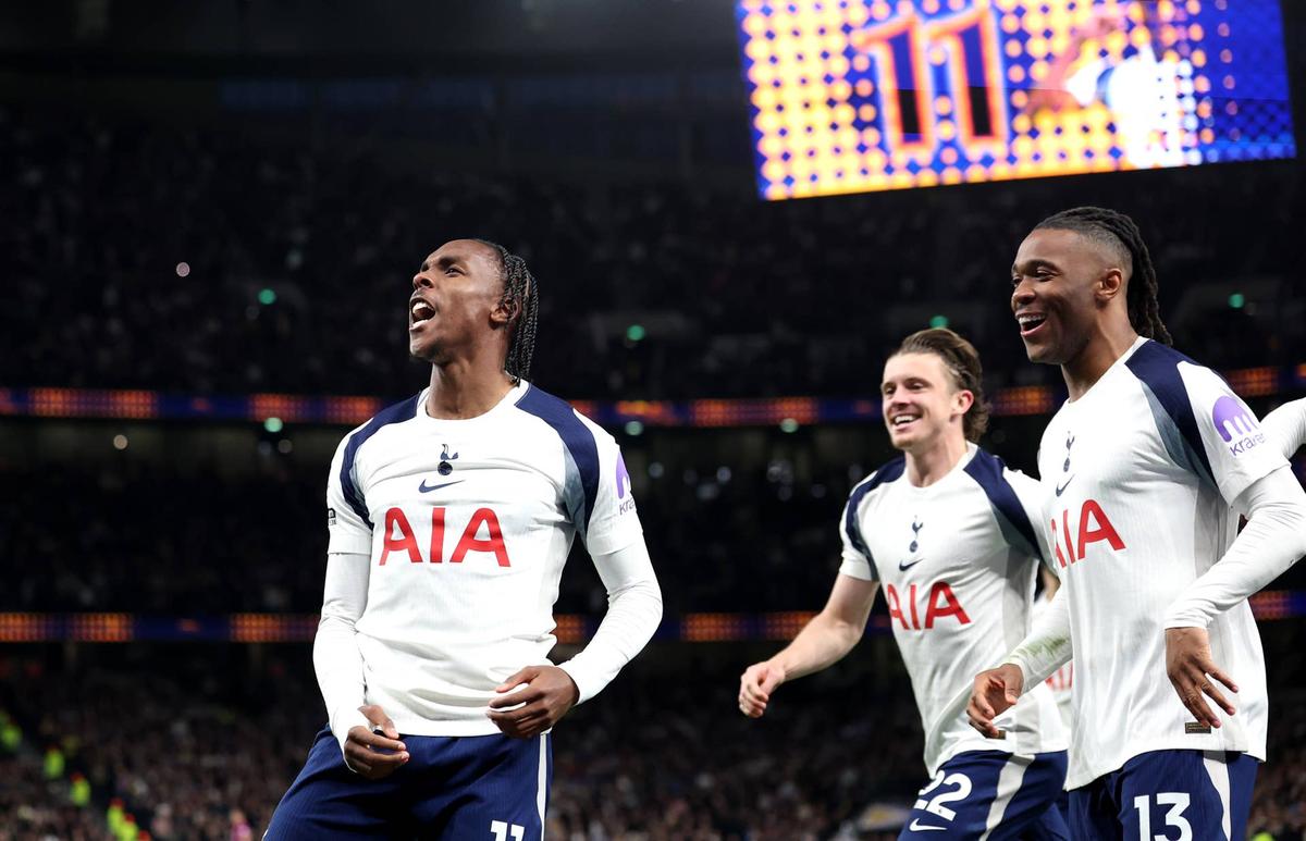  Mathys Tel of Tottenham Hotspur celebrates scoring his team's first goal during the Premier League match between Tottenham Hotspur and Leeds United at Tottenham Hotspur Stadium on May 11, 2026 in London, England. (Photo by Alex Pantling/Getty Images) Photo by Alex Pantling/Getty Images