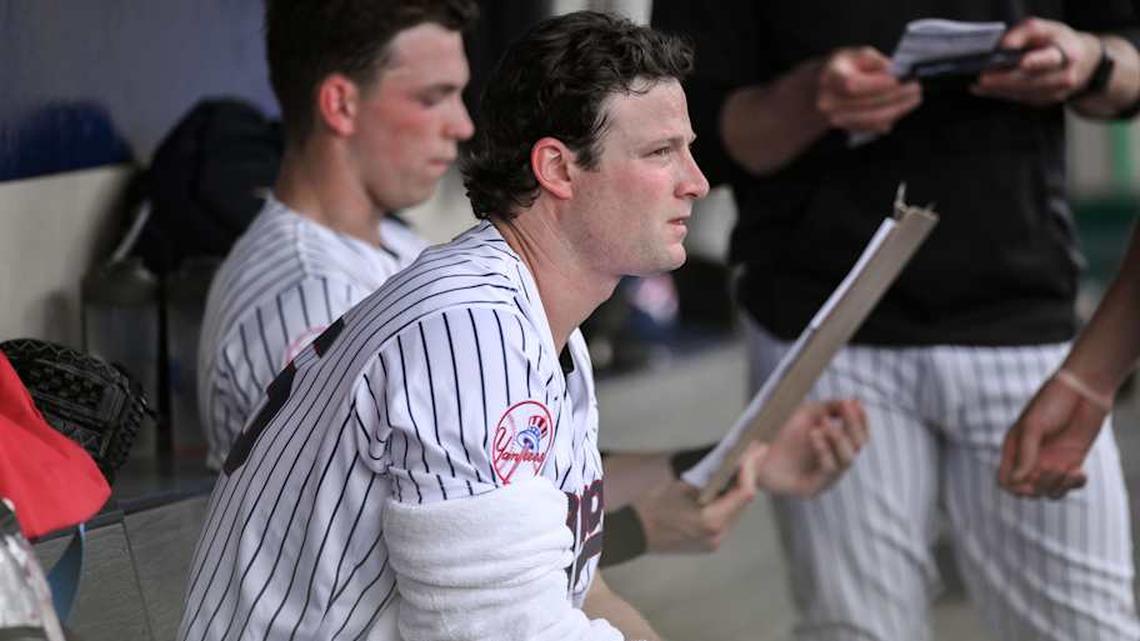  New York Yankees pitcher Gerrit Cole looks on from the dugout during the second inning of a MLB rehab assignment with the Somerset Patriots against the Hartford Yard Goats at TD Bank Ballpark. | John Jones-Imagn Images 
