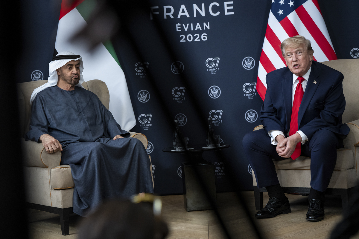 President Donald Trump, right, speaks during a meeting with President Mohamed bin Zayed Al Nahyan of the United Arab Emirates, left, at the G7 Summit in Evian-les-Bains, France, June 16, 2026. (Haiyun Jiang/The New York Times)