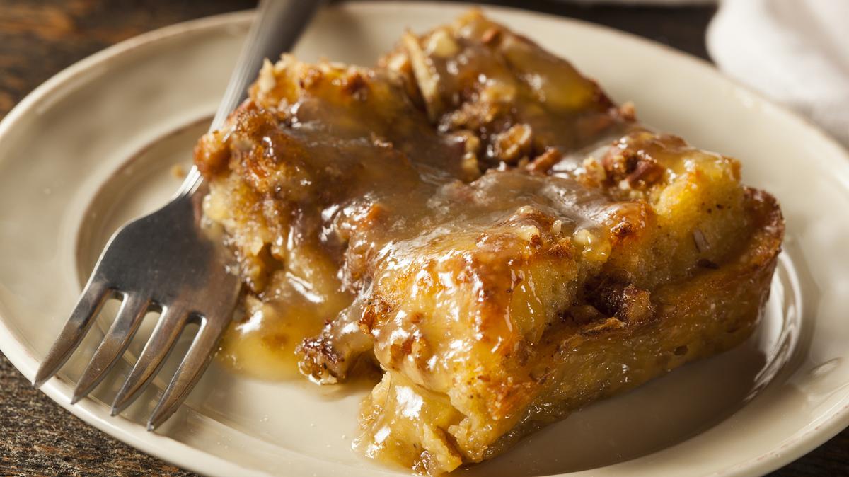 Sweet Homemade Bread Pudding Dessert with Brandy Sauce