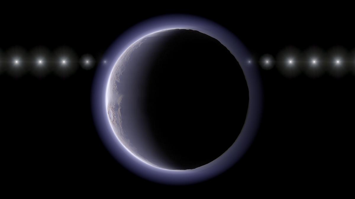 An artist's impression depicts the trans-Neptunian object 2002 XV93 occulting a background star. Observations of that star revealed gradual fading and recovery of starlight, evidence of a thin atmosphere around the object, astronomers reported on Monday, May 4.
