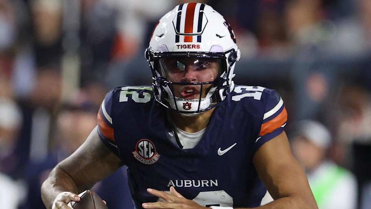  Nov 29, 2025; Auburn, Alabama, USA; Auburn Tigers quarterback Ashton Daniels (12) during the second half against the Alabama Crimson Tide at Jordan-Hare Stadium. Mandatory Credit: John Reed-Imagn Images | John Reed-Imagn Images 