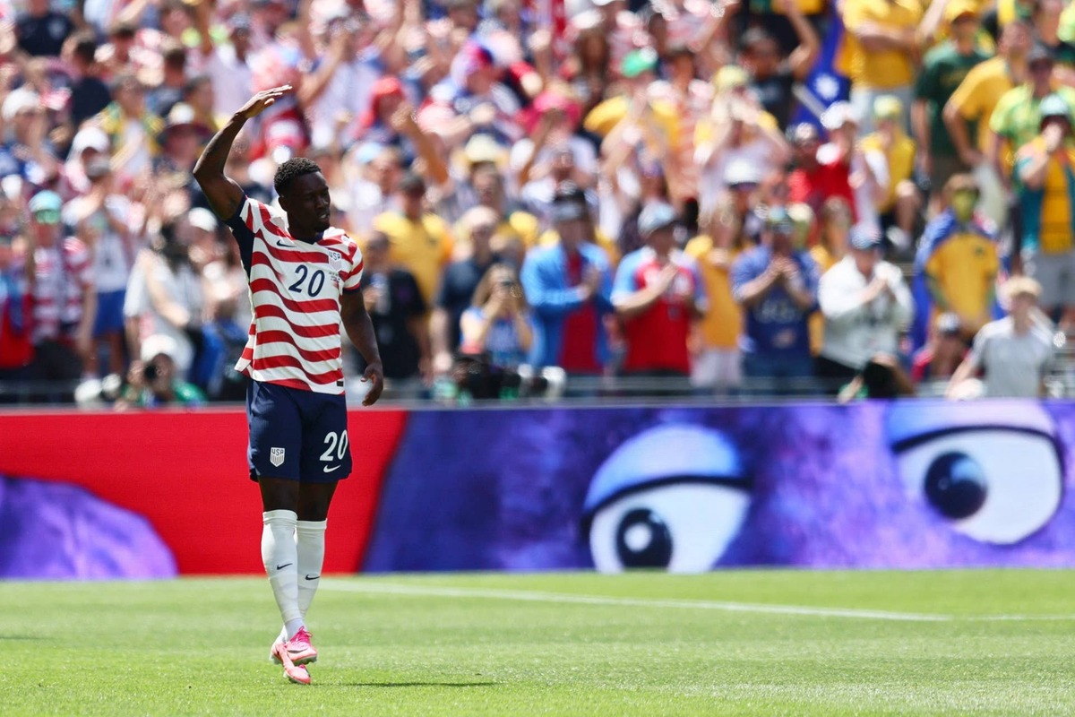  June 19, 2026; Seattle, Washington, U.S.; Folarin Balogun of the U.S. celebrates their first goal, an own goal scored by Australia's Cameron Burgess. Mandatory Credit: Blake Dahlin-Imagn Images 