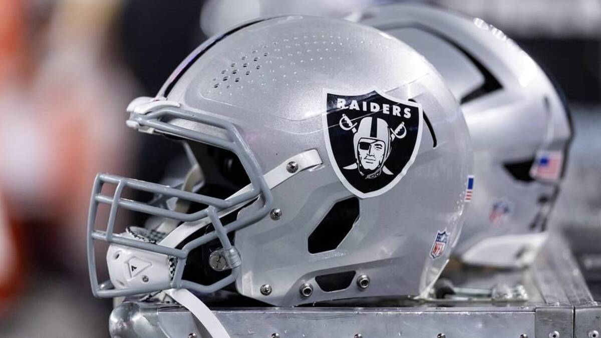  Aug 23, 2025; Glendale, Arizona, USA; Detailed view of a Las Vegas Raiders helmet during a preseason NFL game at State Farm Stadium. Mandatory Credit: Mark J. Rebilas-Imagn Images | Mark J. Rebilas-Imagn Images 