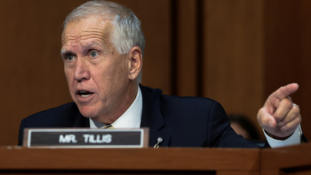 U.S. Senator Thom Tillis (R-NC) speaks during Acting U.S. Attorney General Todd Blanche's Senate Judiciary Committee confirmation hearing on his nomination to be attorney general, on Capitol Hill in Washington, D.C., U.S., July 15, 2026. REUTERS/Evelyn Hockstein