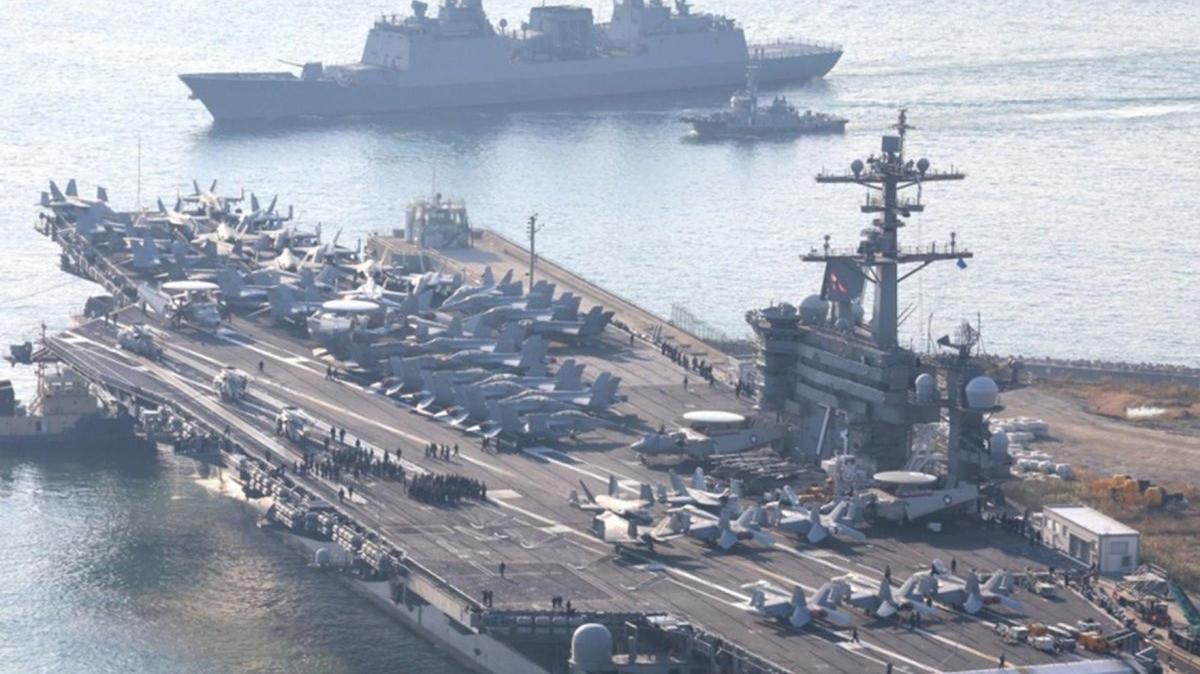 The USS George Washington (CVN-73) nuclear-powered aircraft carrier docks at a naval base in Busan, South Korea. File. Photo by YONHAP / EPA