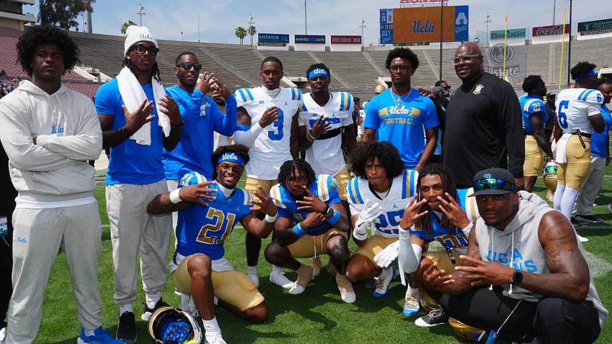  May 2, 2026; Pasadena, CA, USA; UCLA Bruins defensive backs Dante Lovett (21), Osiris Gilbert (18), Kuron Jabari Jr. (25) and Robert Stafford III (3) and Rodrick Pleasant pose during the spring game at Rose Bowl. Mandatory Credit: Kirby Lee-Imagn Images | Kirby Lee-Imagn Images 