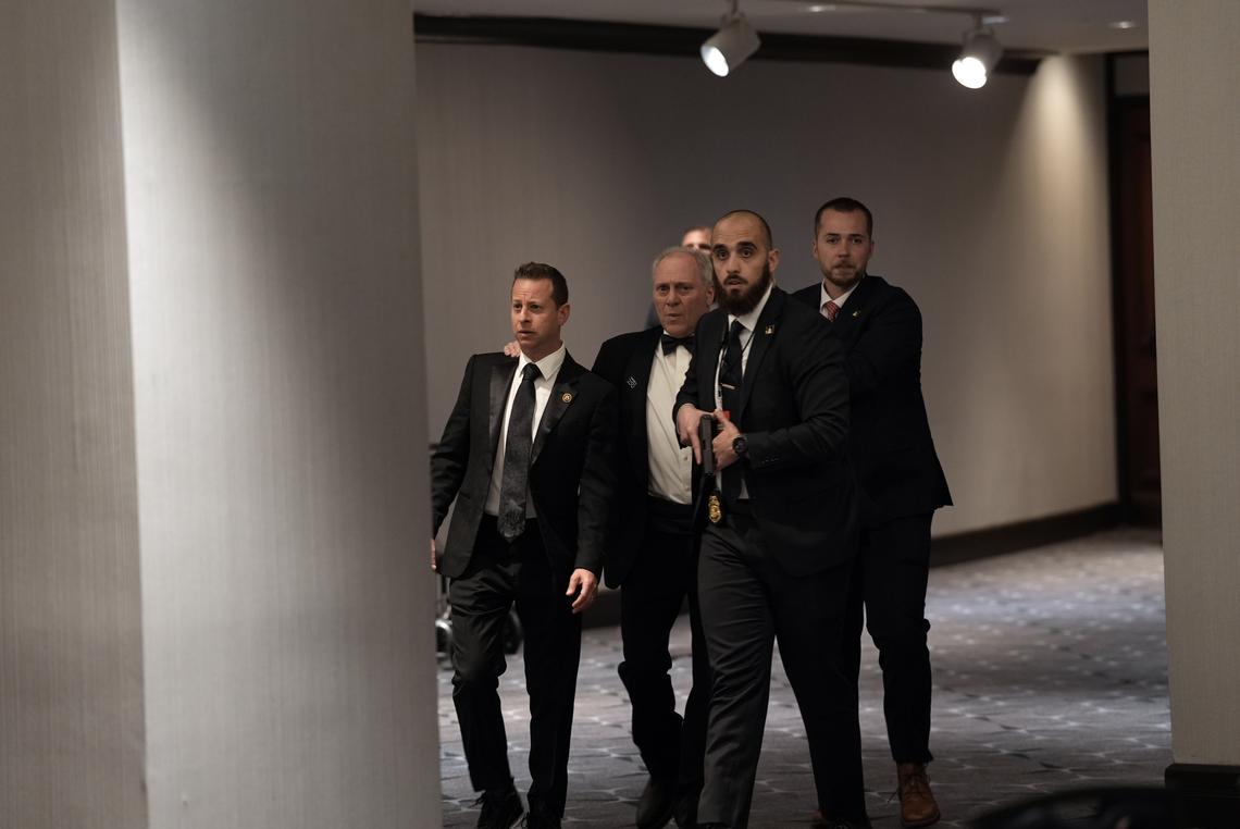 House Majority Leader Steve Scalise (R-La.), second from left, at the Washington Hilton during the White House Correspondents' Association dinner in Washington on Saturday, April 25, 2026. President Trump was rushed out of the White House correspondents' dinner on Saturday night after reports of gunfire. (Salwan Georges/The New York Times)