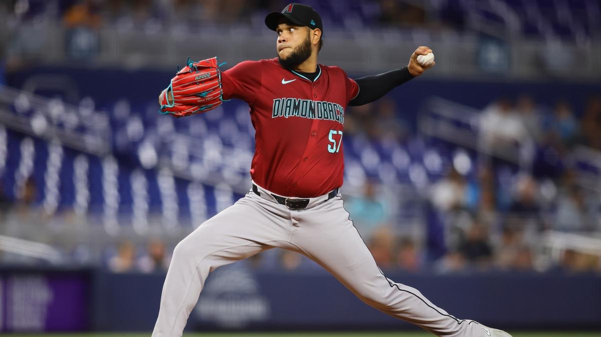 Aug 20, 2024; Miami, Florida, USA; Arizona Diamondbacks starting pitcher Eduardo Rodriguez (57) delivers a pitch against the Miami Marlins during the first inning at loanDepot Park. Mandatory Credit: Sam Navarro-USA TODAY Sports