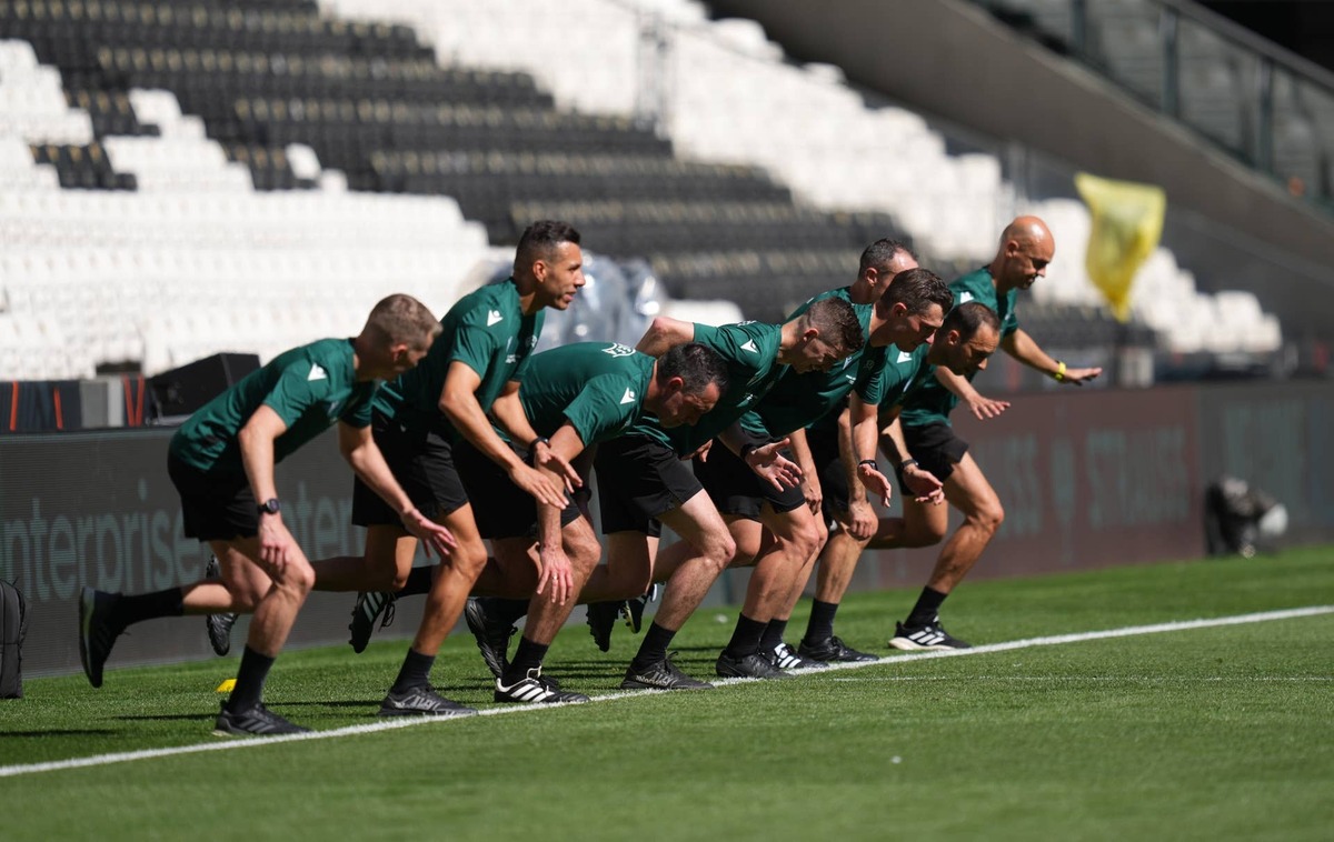  ISTANBUL, TURKEY - MAY 19: Referees Francois Letexier, Cyril Mugnier, Mehdi Rahmouni, Alejandro Jose Hernandez Hernandez, Jose Enrique Naranjo Perez, Jerome Brisard, Willy Delajod and Johan Dennis Hilger warm up during a training session ahead of the UEFA Europa League Final 2026 match between SC Freiburg and Aston Villa FC at Besiktas Park on May 19, 2026 in Istanbul, Turkey. (Photo by Alex Caparros - UEFA/UEFA via Getty Images).