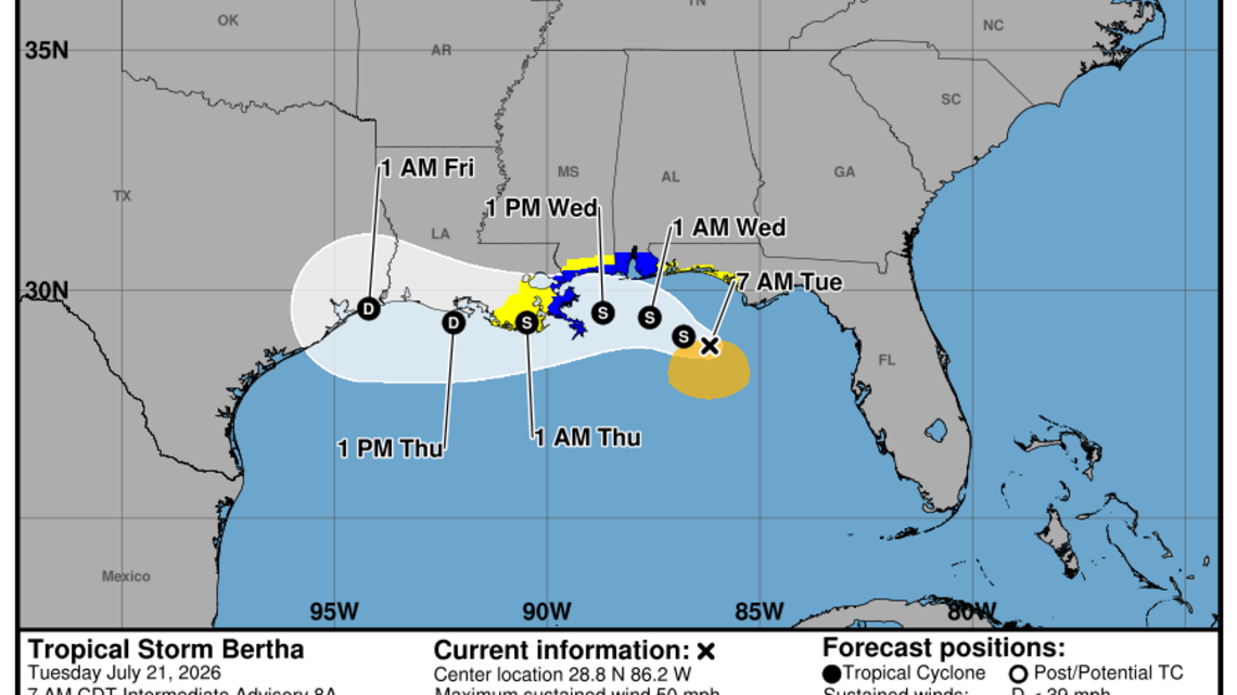 Latest update from the National Hurricane Center on Tropical Storm Bertha for Tuesday, July 21 