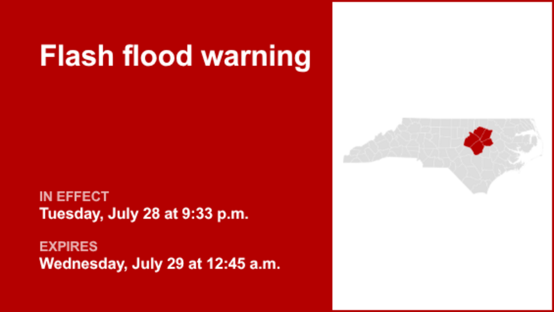 The Piedmont region under a flash flood warning until early Wednesday 