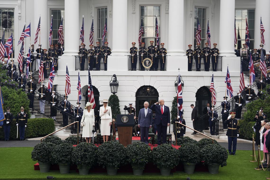 From right: President Donald Trump, King Charles III, first lady Melania Trump and Queen Camilla during an arrival ceremony on the South Lawn of the White House in Washington, on Tuesday, April 28, 2026. (Salwan Georges/The New York Times)