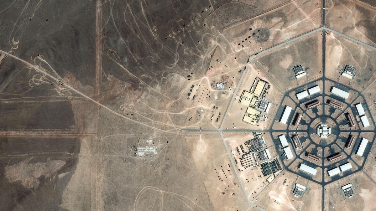 A satellite image shows military activity underway at the edge of the Xinjiang octagon-shaped installation, in the Xinjiang Uyghur Autonomous Region, China, May 11, 2026.   Vantor/Handout via REUTERS
