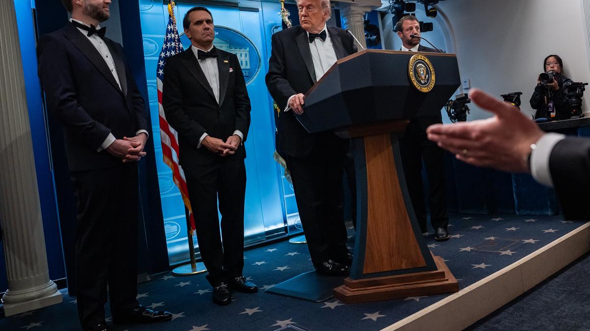 President Donald Trump listens to a question during a press briefing in the Brady Briefing Room of The White House in Washington on April 25, 2026. Republican commentators have argued, incorrectly, that political violence is largely a left-wing problem. Liberals have countered by citing the threats made against former President Barack Obama.