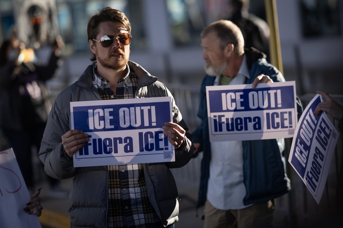  Demonstrators protest ICE at O’Hare International Airport on March 27, 2026, in Chicago, Illinois. 