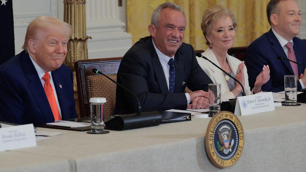 From left, U.S. President Donald Trump, Health and Human Services Secretary Robert F. Kennedy Jr., Education Secretary Linda McMahon and Environmental Protection Agency Administrator Lee Zeldin hold an event for a new Make America Healthy Again Commission report in the East Room of the White House on May 22, 2025, in Washington, D.C. (Chip Somodevilla/Getty Images/TNS)