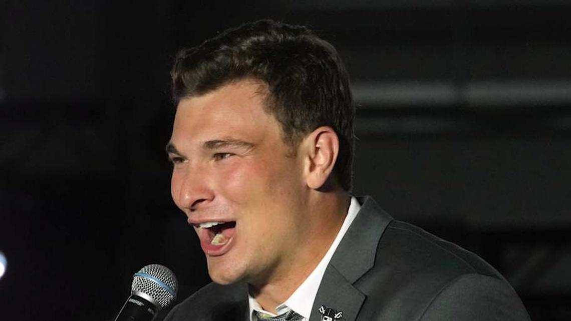  Apr 24, 2026; Henderson, NV, USA; Las Vegas Raiders quarterback Fernando Mendoza at the Festival of Football at the Intermountain Health Performance Center. Mandatory Credit: Kirby Lee-Imagn Images | Kirby Lee-Imagn Images 