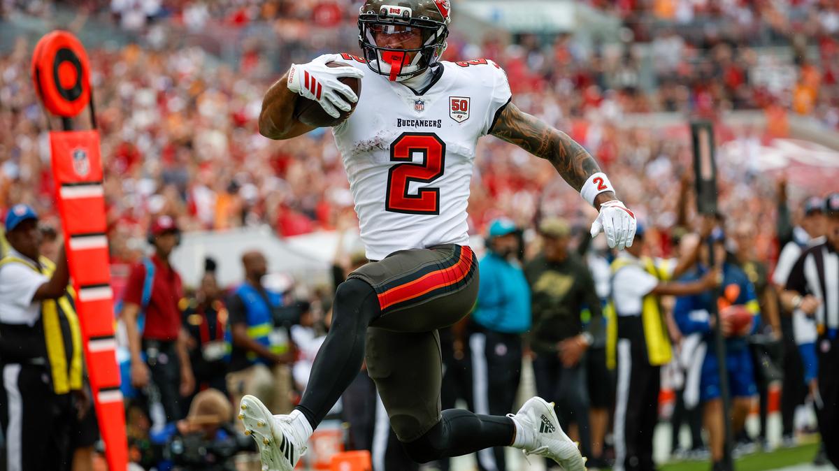 Tampa Bay Buccaneers wide receiver Emeka Egbuka (2) jumps into the end zone for a touchdown against the New England Patriots on Nov. 9, 2025. With Mike Evans now a San Francisco 49er, Egbuka becomes the centerpiece of the offense. (Jefferee Woo/Tampa Bay Times/TNS)