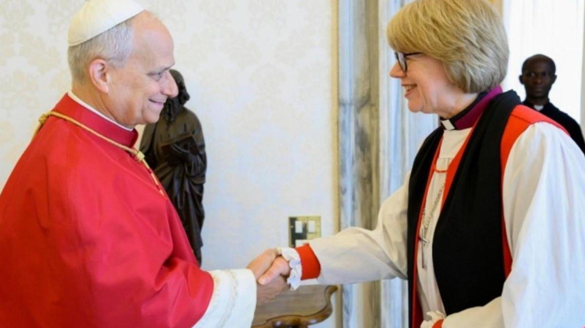 Pope Leo (L) met and prayed with archbishop of Canterbury, the Most Rev. Sarah Mullally, on Monday, a few weeks after she became the first woman to hold the title. Photo courtesy the Vatican