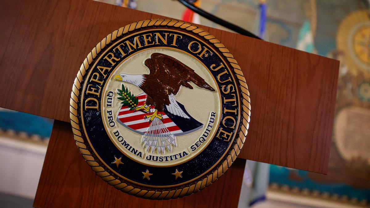 The seal of the U.S. Department of Justice at Freedom Tower in Miami, Florida, U.S., May 20, 2026. REUTERS/Marco Bello