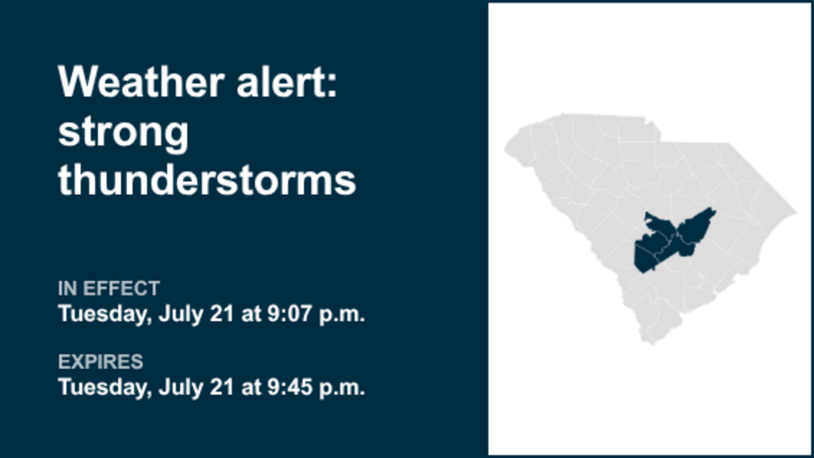 Weather alert affecting South Carolina Tuesday night, says the NWS 