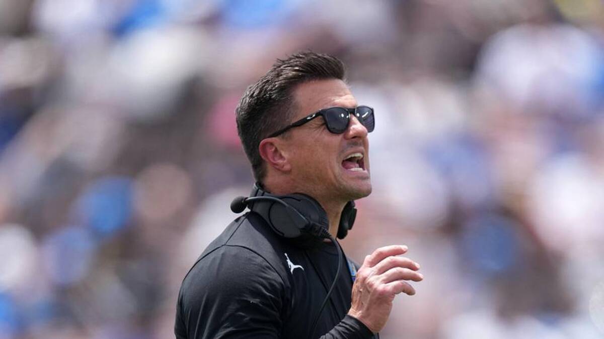  May 2, 2026; Pasadena, CA, USA; UCLA Bruins coach Bob Chesney reacts during the spring game at Rose Bowl. Mandatory Credit: Kirby Lee-Imagn Images | Kirby Lee-Imagn Images 