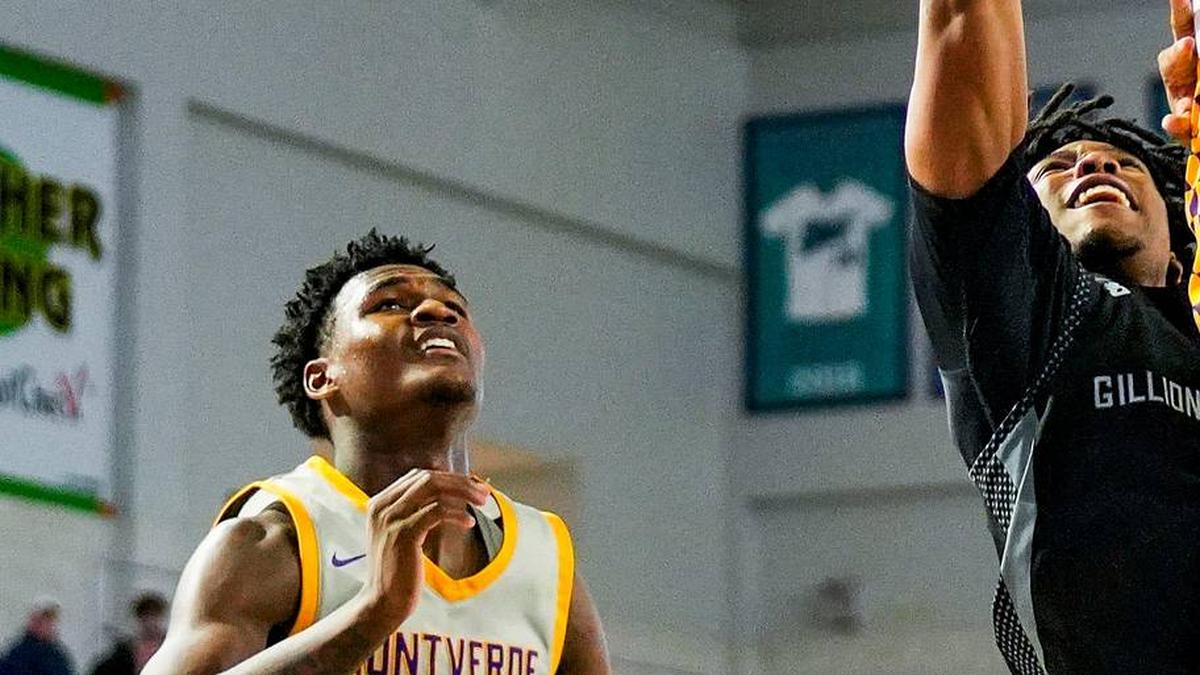  Montverde Academy Eagles forward Joe Philon (1) blocks a shot attempt from Gillion Academy Lions guard Jayden Joseph (1) during the fourth quarter of a City of Palms Classic Signature Series game at Suncoast Credit Union Arena in Fort Myers, Fla., on Friday, Dec. 19, 2025. | Jonah Hinebaugh/Naples Daily News/USA Today Network-Florida / USA TODAY NETWORK via Imagn Images 