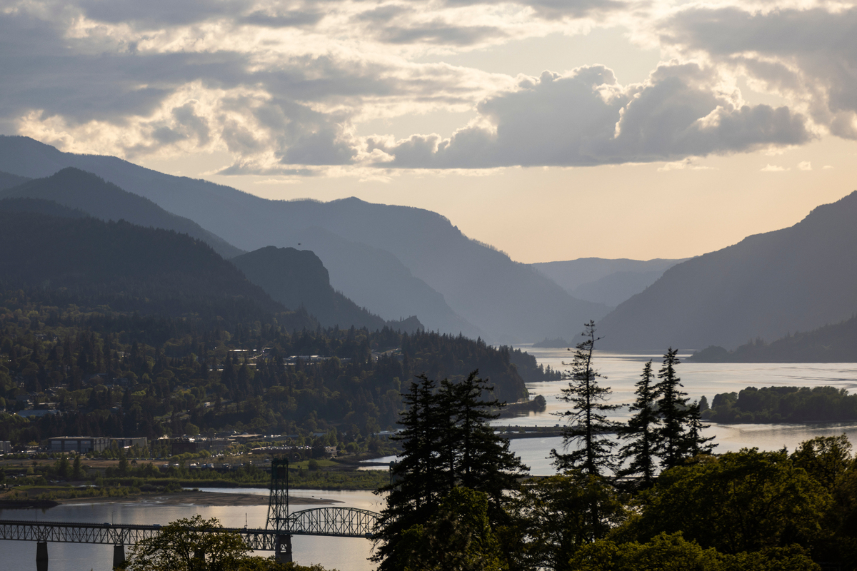 Seen from Washington state, the Columbia River passes Hood River, Ore., on April 22, 2025. (Michael Hanson/The New York Times)